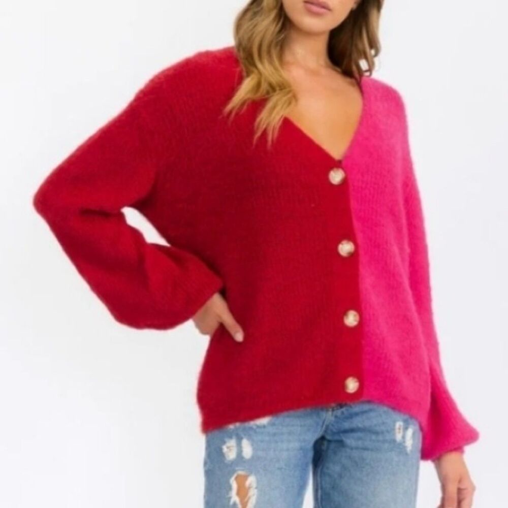 Anthropologie Entro Fuzzy Eyelash Cardigan Colorblock Red Pink Size S Oversized